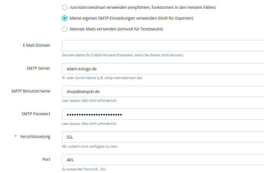 PrestaShop SMTP Einstellungen